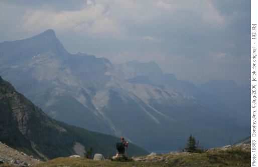 Looking down the valley to the hazy mountains