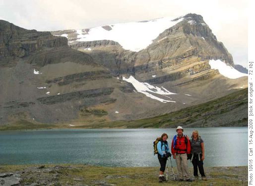 Jeannette, Carl and Kim at Caldron Lake (Mistaya Mtn in background)