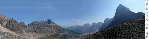 Valley of the 10 Peaks, view East from Wenkchemna Pass with Eiffel Lake below (180 degree view)