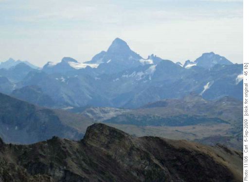 Mt Assiniboine from Mt Brett (note very little snow)