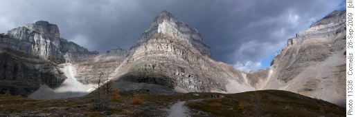 Left - Right: Eiffel Pk 3,084m, Pinnacle Mtn 3,067m, Sentinel Pass 2,611m & SW-face of Mt Temple 3,543m