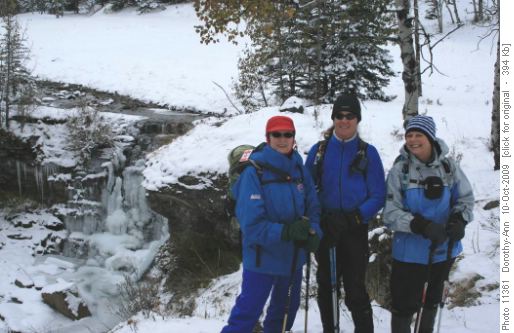 Edna, Caroline & Dee pose by Dyson Falls