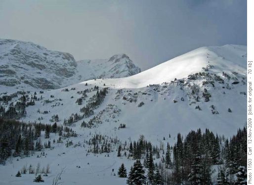 Pocaterra Ridge and our powder runs (at the left)