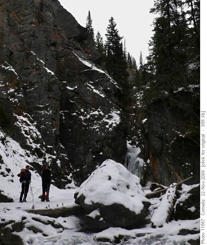 Karen and Rita ejoying the icy Cat Creek Falls