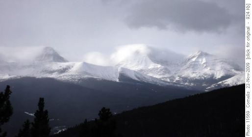 Snow-Manes blow off Stromy peaks: Mt Strachan (2,650m), Mt Muir (2,743m), Mt McPhail (2,865m)