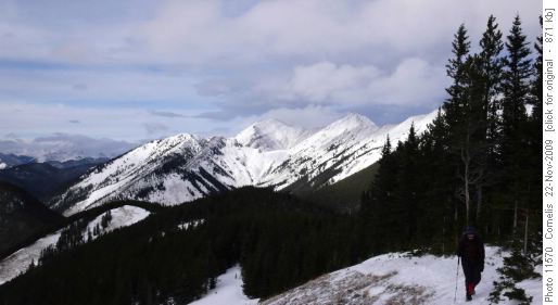 Climbing towards Cat Creek Hills Summit, Mt Head (2,782m) in the background.