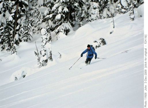 {212 Dav Mu} skiing great powder on slopes near the Mousetrap.