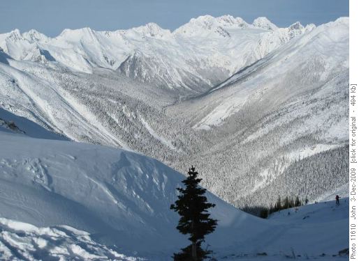 View down the Asulkan drainage from Asulkan cabin, Roger's pass.