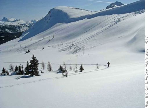Climb up to Monarch Ramparts below old cornice failure avalanches