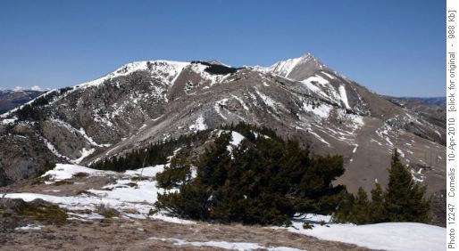 From Ridge East of Bellevue, 2-Mine Trail. View North from summit (1,940m), to Peaks 2042m and 2290m of Livingstone Ridge.