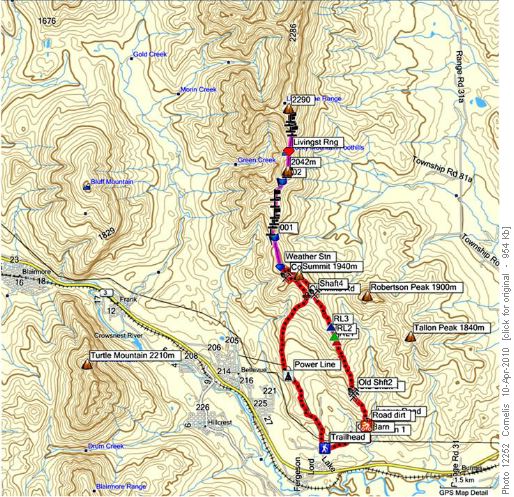 Ridge-walk; 2-Mine Trail (Red), North beyond Weather Stn to un-named Peaks 2042m & 2290m (Purple). Distance ex Weather Stn to Peak 2290m: 4.7km, 400m elev. gain; 550m Total climb.