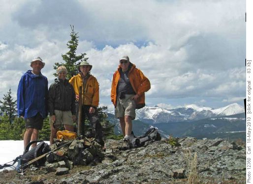 Carl, Alda, Damian & Peter on Allsmoke Mtn, Banded-Glasgow peaks at right