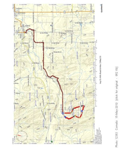 Road to Ings Ck Hill Trailhead, starting from Turner Valley Gas Station, 19km. The road shows on older maps as Township Road 193a. The trailhead is at 320 St W / 482 W Ave, NAD83 11U 679417 / 5610165