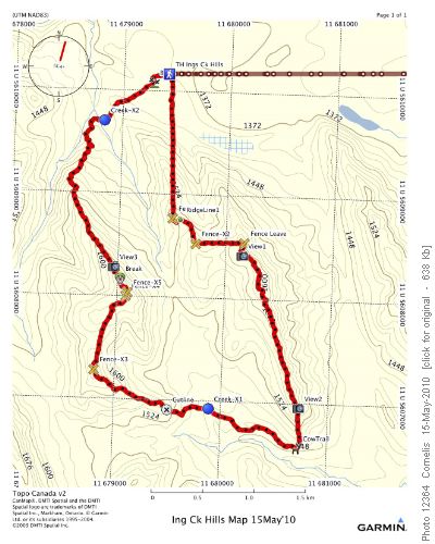 Trailhead is 320 St W / 482 W Ave, NAD83 11U 679417 / 5610165. Distance 11.2km, start due south from TH along the Kananaskis Boundary fence, ascend, then descend the ridge, and cross the valley to return via the Ridge to the West.
