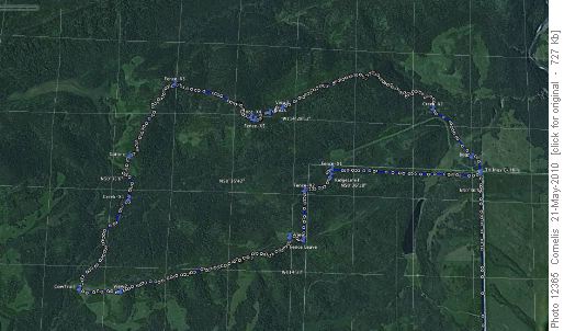 Satellite image of Ings Ck Hike WSW of Turner Valley (Trail 11.2km, Nth to Right)