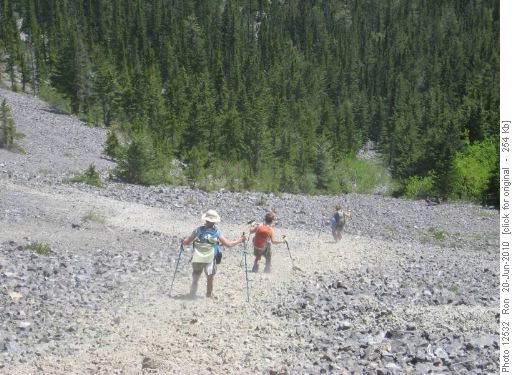 Scree-ming down the slope: Ginger, Kathy & Barb