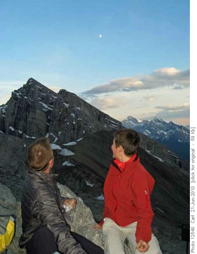 New members Ron and Molly checking out the moon over Mt Lawrence Grassi and Old Goat Mtn