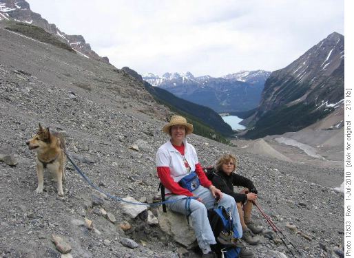 Madeleine, Jean & Skyler at glacier viewpoint above Lake Louise