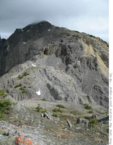 Mt Cory low spot : up route on left, down route on scree at right