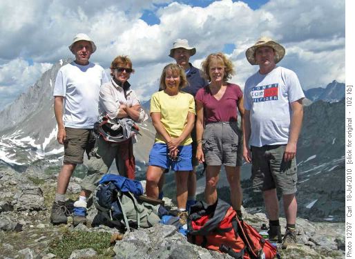 Carl, Jeanette, Barbara, Ron, Carolyn and David on the ridge between the Burstall passes