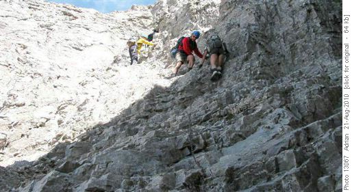 Crowsnest Mtn Crux with chain secured by 3 bolts