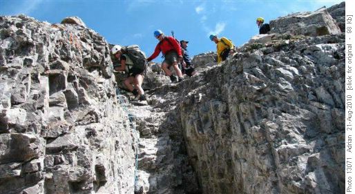 Crowsnest Mtn: Start of crux descent aided by another's rope (only recommended when quality of rope has been confirmed)