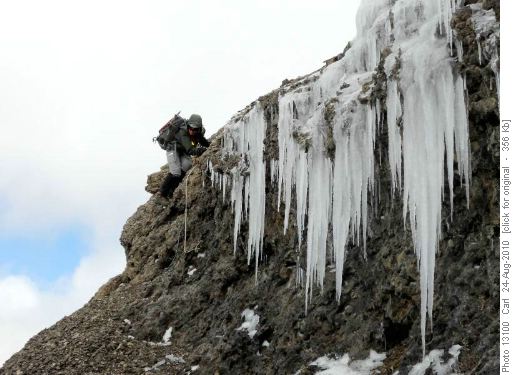 Alda descending crux cliff band on Mount Willingdon.