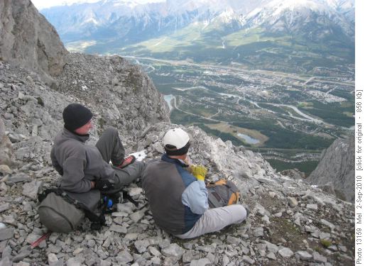 Damian and Wallace view Canmore from Mt Lawrence Grassi