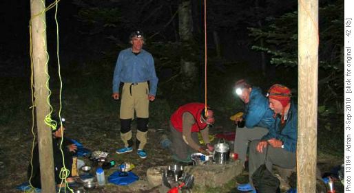 Late Dinner at Alderson Lake campsite: behind pole {581 su mcc}, {413 ga luz}, {212 d mu}, {1419 b to} and {532 j du}