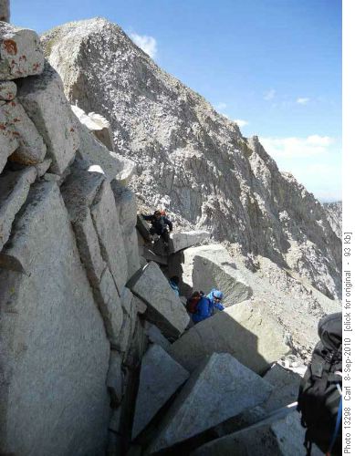 Negotiating the quartzite blocks on the "knife-edge" ridge to Pfeifferhorn