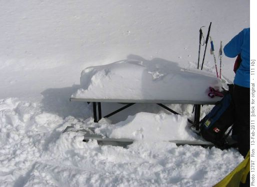 New snow on picnic table at Blueberry junction