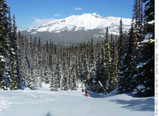 Climbing the gully route to Crowfoot Pass (Cirque Peak in the background)