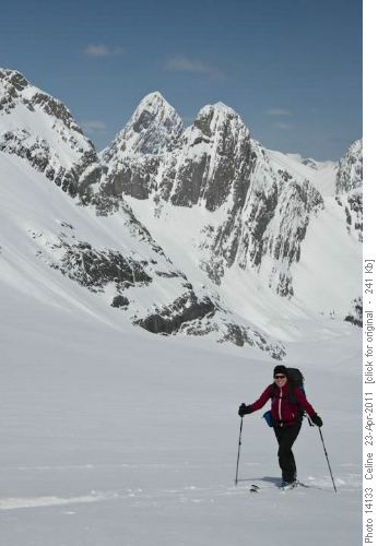 Danielle enjoying a bluebird day skiing up to French col