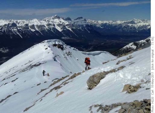 Ascending the west ridge of Grotto Mtn