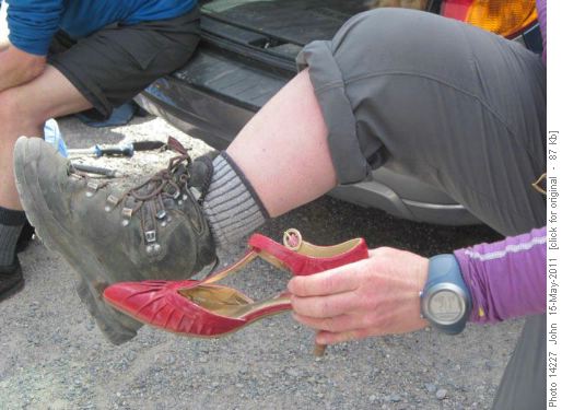 Witnessing a disturbing trend in footwear exchange by lady Ramblers! (single point crampons?)