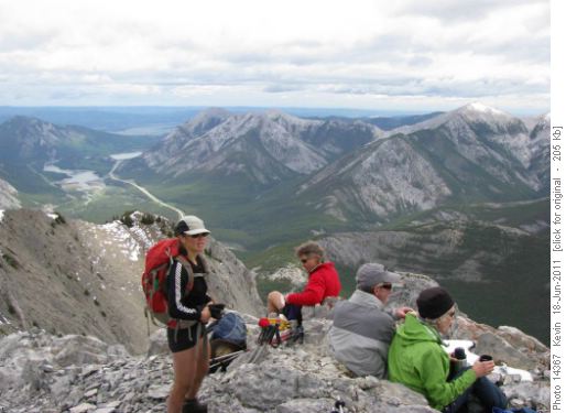 Susan, Gary, Gerry and Jeanne at the summit (Baldy and Midnight in the background)