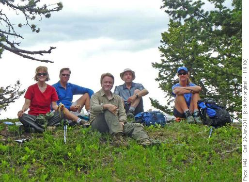 Marg, Larry, Jim, Carl and Caroline at lunch break on Whaleback Ridge