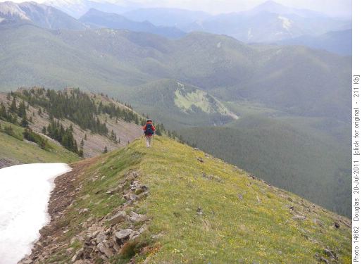 Looking south on the descent. One of the rocky segments is on the left.