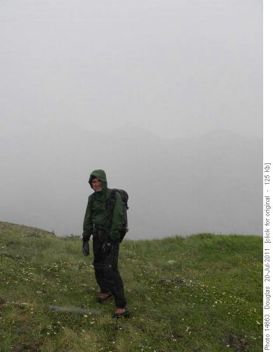Damien during the snow squall. There's actually a beautiful view behind him.