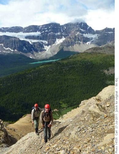 Ascending to Dolomite Peak (Bow Lake and Crowfoot Mtn in background)