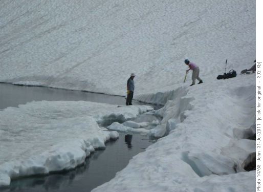 Exploring icebergs in Three Lakes valley.
