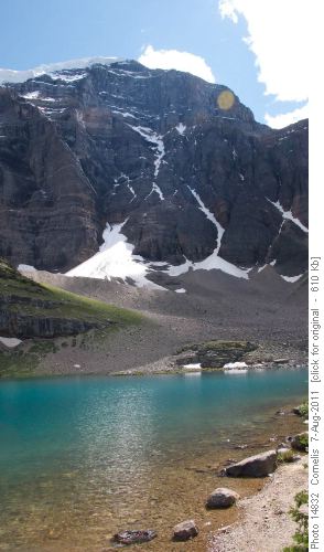 Annette Lake (1965m) lies under Mt Temple's mile-high North-Face