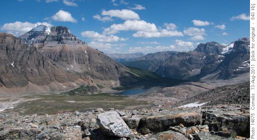 Looking East from Wenkchemna Pass. Eiffel Lake below, Mt Temple's white peak left background.