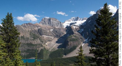 Moraine Lake and Mt Fay seen before descending down the switchbacks towards the Lake.