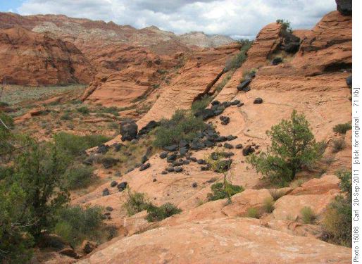Black lava rocks spill onto Navajo sandstone