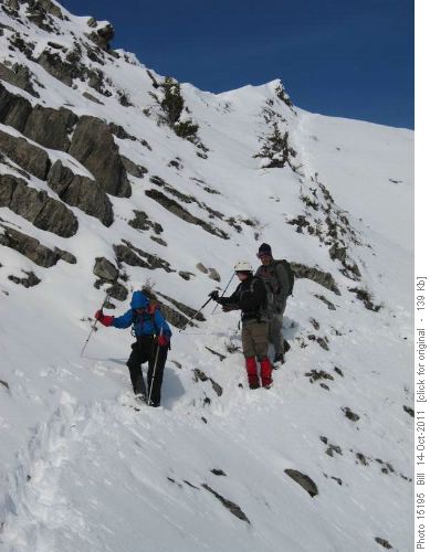 The descent, with the peak in the background