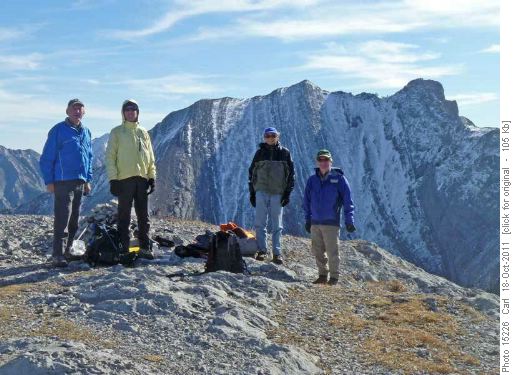 Carl, Caroline, Alan and Clifton on Grant MacEwan Peak (Jewel/Twin Peaks in background)