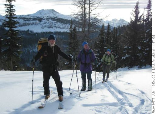 Arnold, David and Lisa exiting the tight drainage approach to Bourgeau meadows