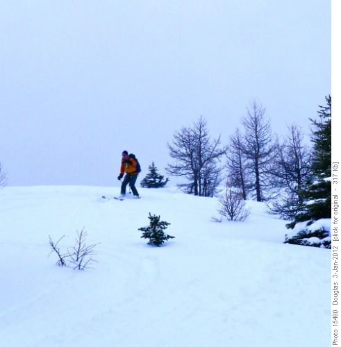 Philip pushing off from the top of the ridge on our third run