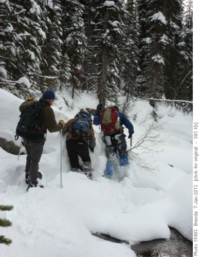 Great trailbreaking safely navigating the group along the creek